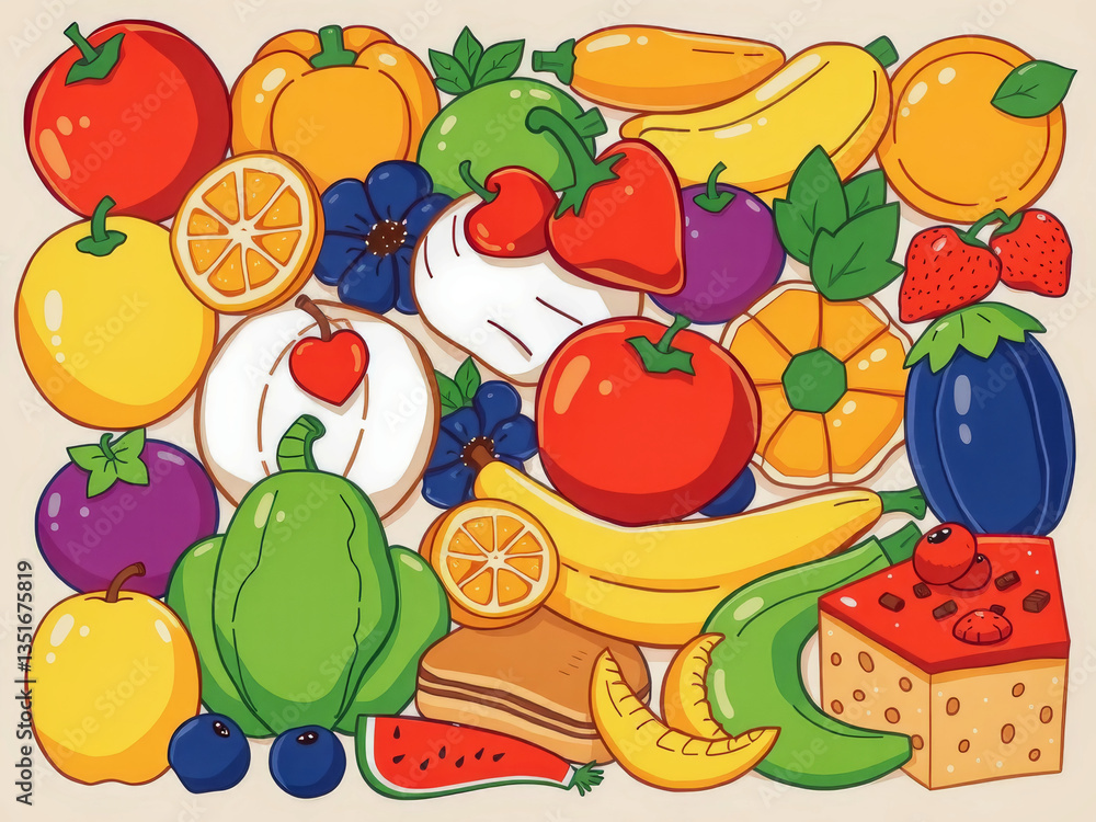A colorful drawing of various fruits and vegetables, including bananas, apples, oranges, and tomatoes. Concept of abundance and freshness, with the fruits