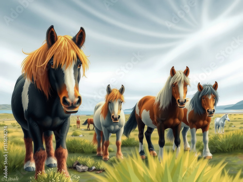A group of horses standing in a grassy field, with one of them having a long mane. The scene is peaceful and serene, with the horses looking towards the camera