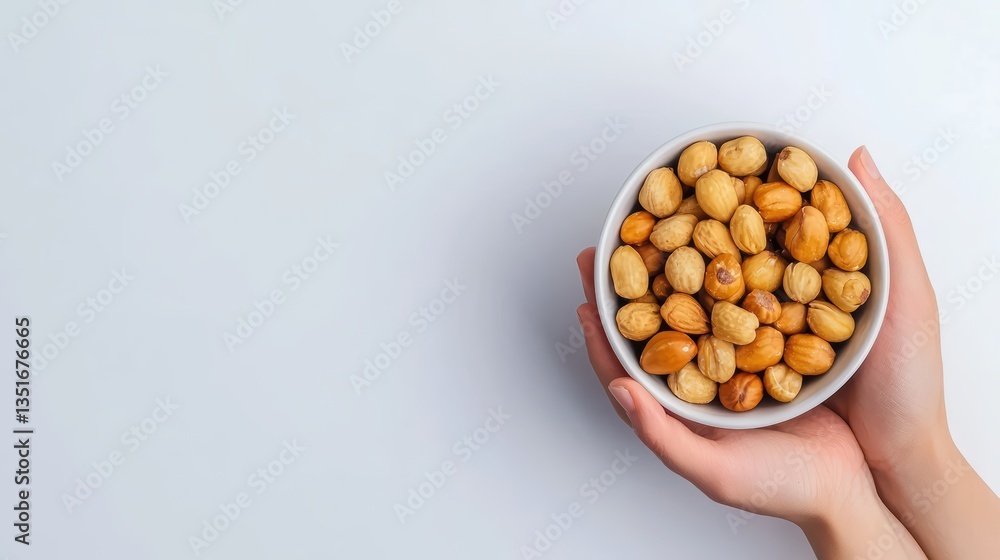 Hands Holding White Bowl Filled with Roasted Nuts Hands Holding White Bowl Filled with Roasted Nuts