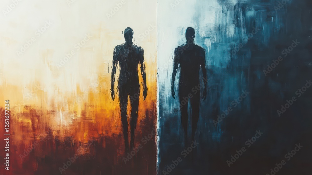 Two figures walking; opposing forces; abstract art; divided worlds Two figures walking; opposing forces; abstract art; divided worlds