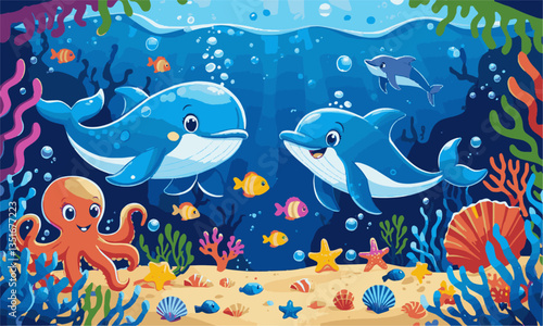A vibrant underwater scene featuring a cartoon-style blue whale, easily editable.
