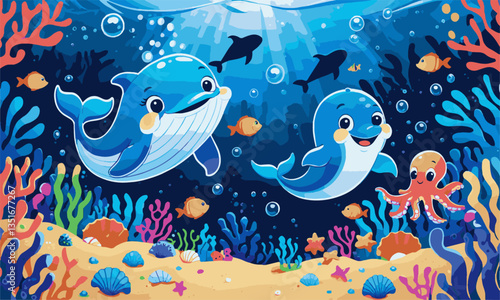 A vibrant underwater scene featuring a cartoon-style blue whale, easily editable.