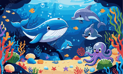 A vibrant underwater scene featuring a cartoon-style blue whale, easily editable.