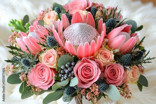 Fototapeta Naklejka Na Ścianę i Meble -  Elegant pink protea and rose bouquet.