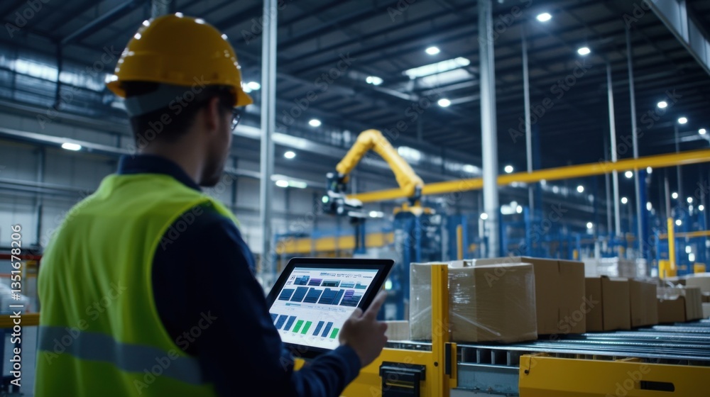 A worker monitors automated sorting systems using a tablet in a high-tech warehouse equipped with robotic machinery A worker monitors automated sorting systems using a tablet in a high-tech warehouse equipped with robotic machinery