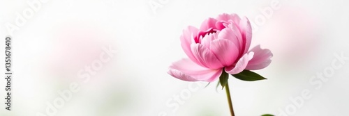 Single bright pink peony flower against white, white, blossom, peony