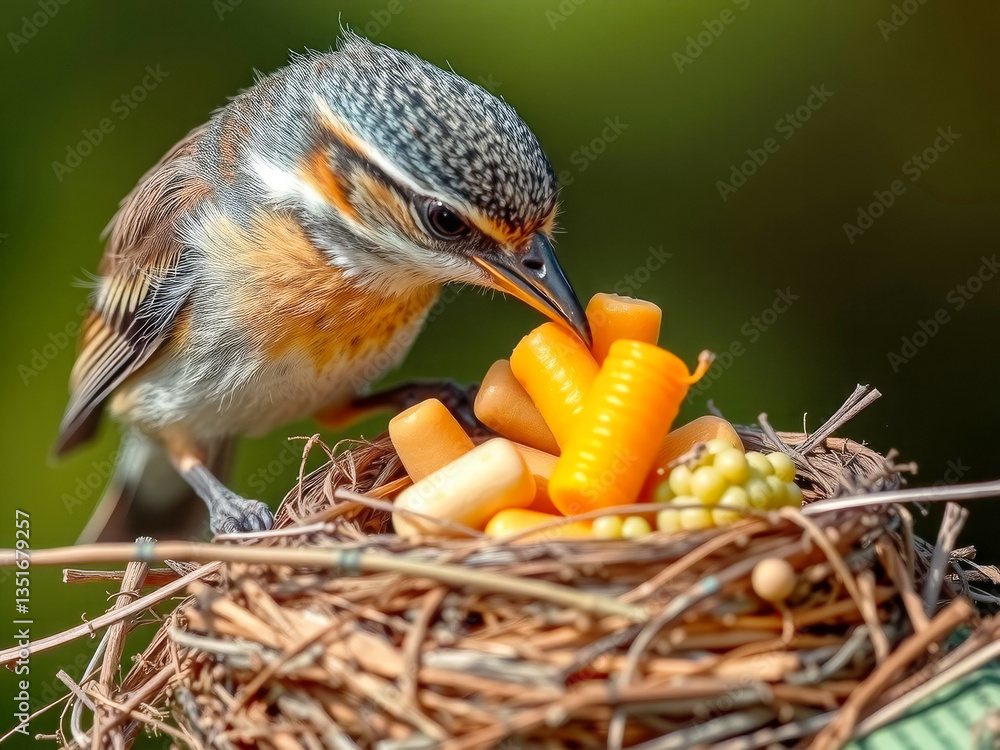 A bird is eating food from a nest. The nest is full of food, including carrots and other items