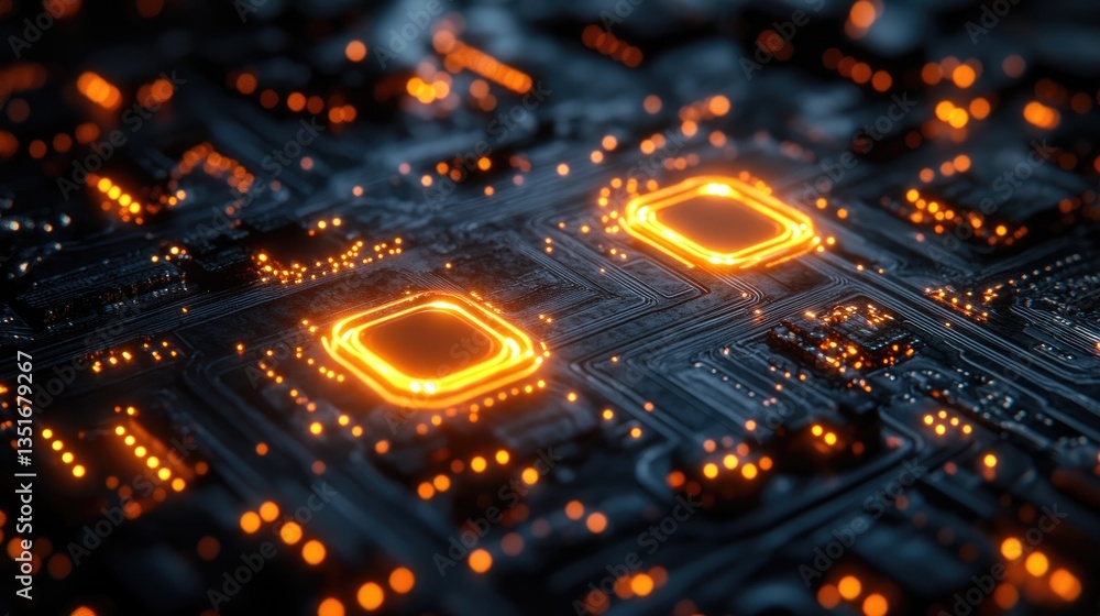 Circuit Board with Illuminated Chips, Close-up Circuit Board with Illuminated Chips, Close-up