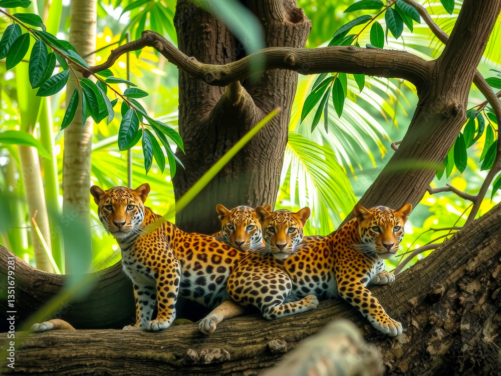 Three baby leopards are sitting on a tree branch, enjoying the shade and the view of the forest. Scene is calm and tranquil, as the leopards seem to be content and relaxed in their natural habitat