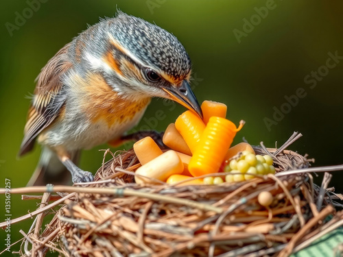 Obraz na płótnie A bird is eating food from a nest. The nest is full of food, including carrots and other items w salonie