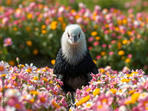 A black and white bird is standing in a field of flowers. The bird is looking at the camera, and the flowers are in various colors, including pink and yellow. The scene is peaceful and serene