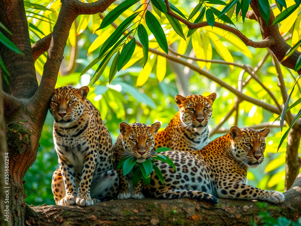 Four leopards are sitting on a tree branch, enjoying the shade and the view. Scene is peaceful and serene, as the animals seem to be content and relaxed in their natural habitat