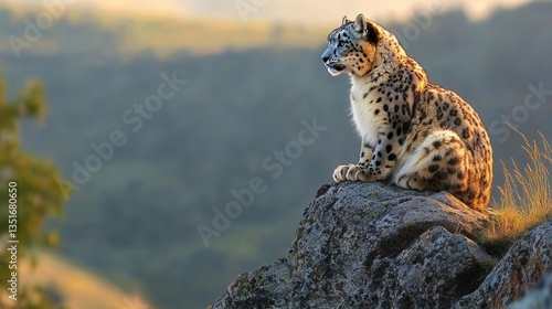 Snow Leopard Sitting Majestically on a Rocky Outcrop Overlooking a Scenic Mountain Landscape