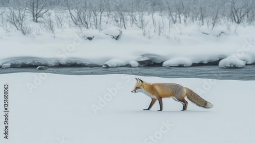 Solitary Fox Walking Across a Snow-Covered Landscape Beside a Frozen River in Winter