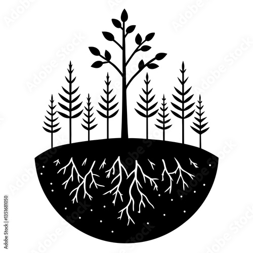 A forest regrowing from a single seed silhouette vector illustration