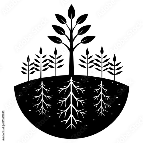 A forest regrowing from a single seed silhouette vector illustration