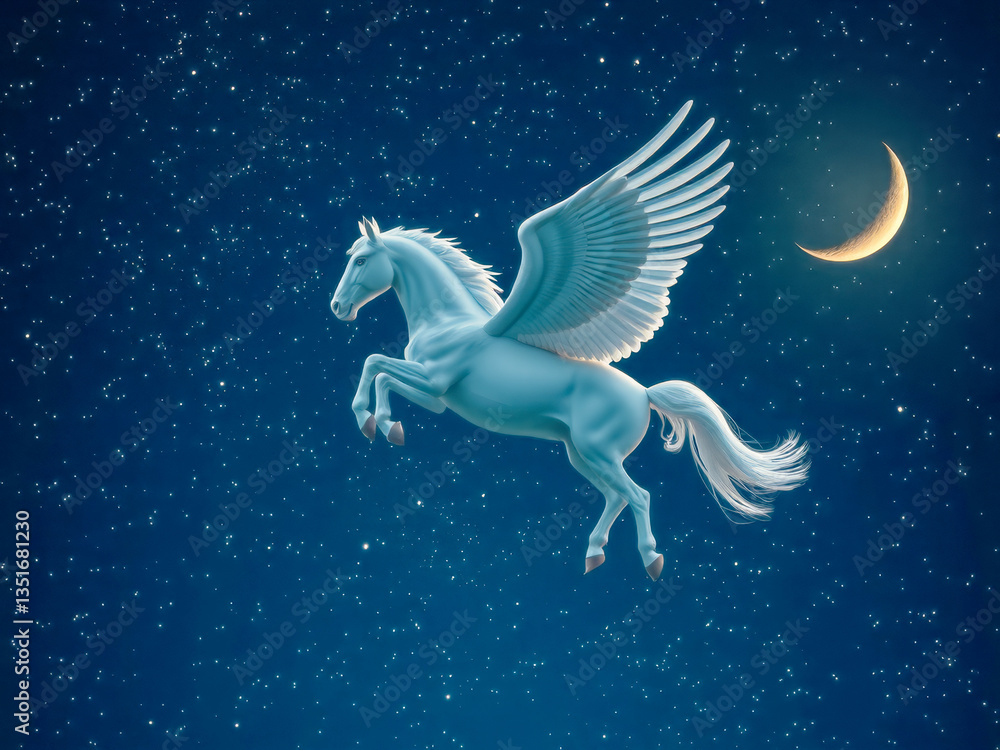 A white horse with wings flying in the sky above a crescent moon. The image has a dreamy and magical feel to it