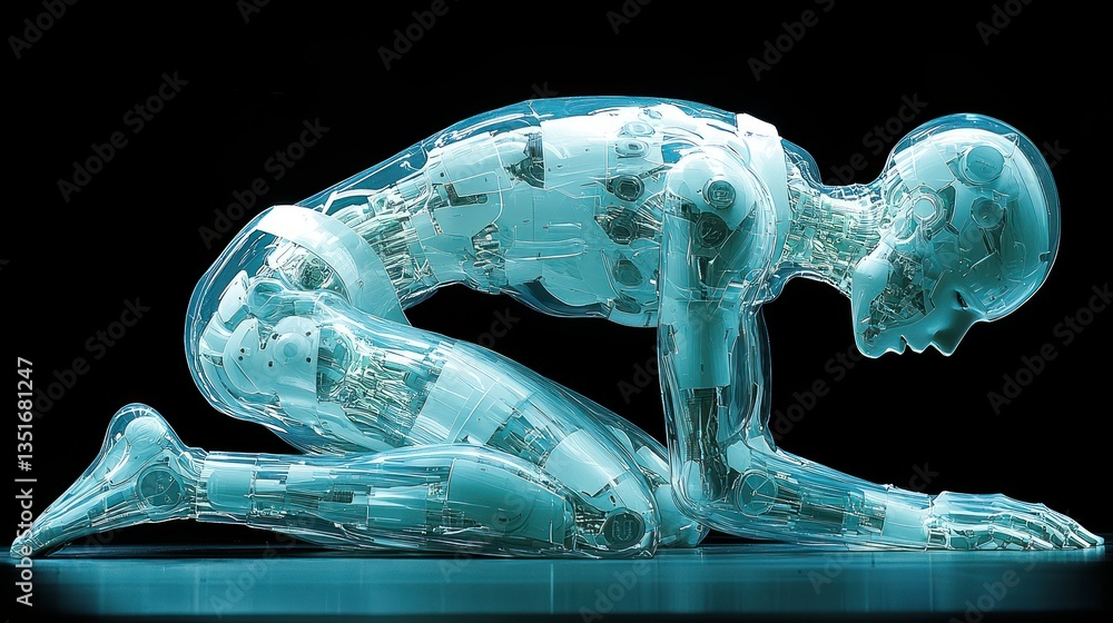 A Transparent Kneeling Robot: A 3D Render of a Futuristic, Transparent, Mechanical Humanoid in a Submissive Pose. A Transparent Kneeling Robot: A 3D Render of a Futuristic, Transparent, Mechanical Humanoid in a Submissive Pose.