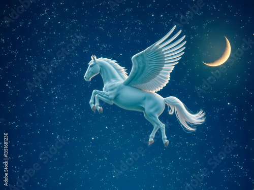 Obraz na płótnie A white horse with wings flying in the sky above a crescent moon. The image has a dreamy and magical feel to it w salonie