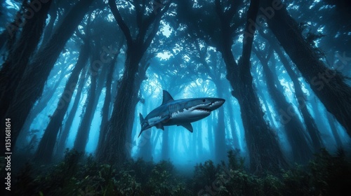Surreal Scene of a Great White Shark Swimming Among Trees in a Misty Underwater Forest
