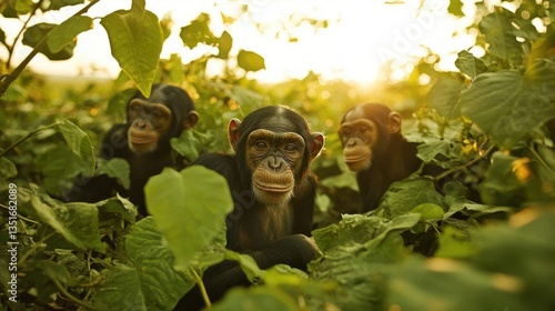 Three Chimpanzees Surrounded By Green Foliage Under Soft Sunlight At Dusk