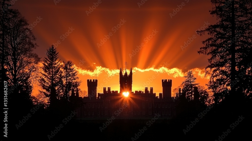 Fototapeta premium Castle Silhouette at Sunset: A Majestic Golden Hour
