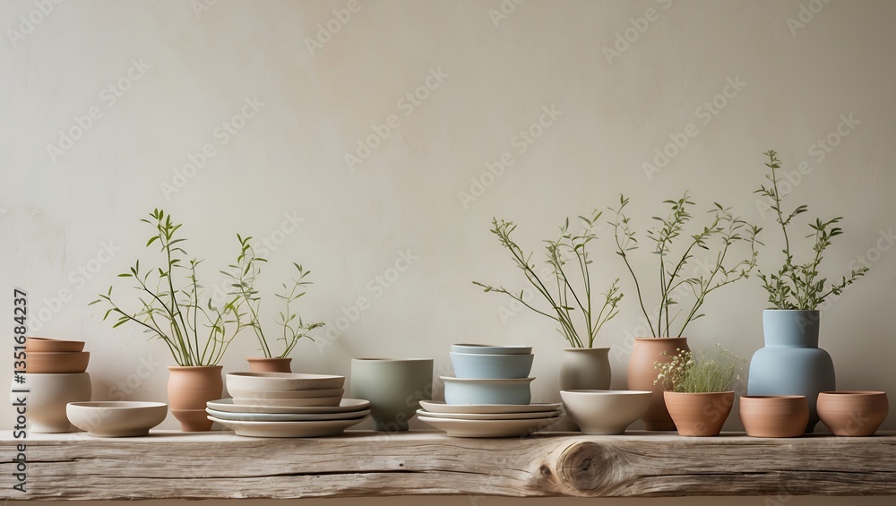 Earthy pottery, plants & tableware on rustic wood Earthy pottery, plants & tableware on rustic wood