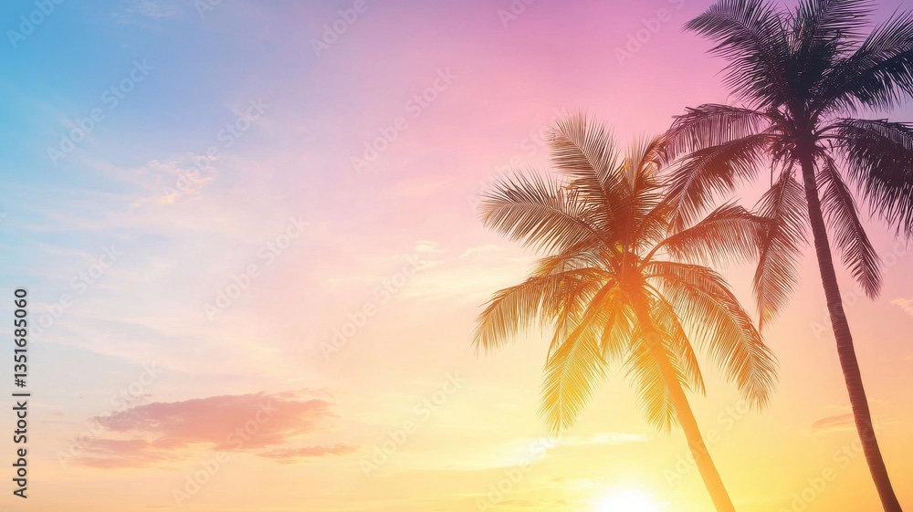 Obraz premium beautiful summer sunset at beach showcases vibrant colors in sky, creating perfect backdrop for family vacation activities. palm trees add tropical feel to this serene scene