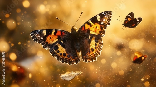 Vibrant Butterfly Fluttering in Sunlit Garden with Sparkling Bokeh Background