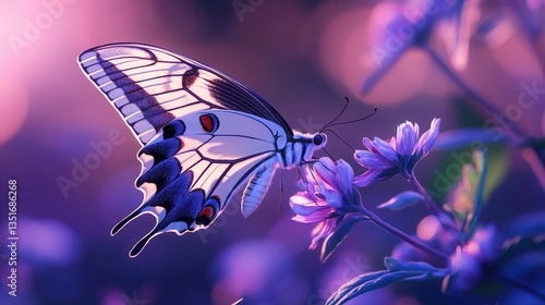 Vibrant Butterfly Perched on Delicate Purple Flower in a Tranquil Natural Setting