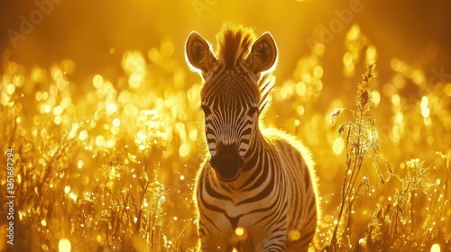 Young Zebra Grazing in a Golden Sunlit Grass Field with Sparkling Dew in Africa