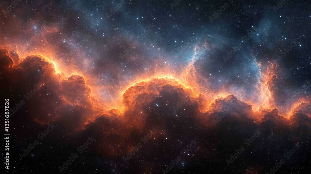 Naklejka premium Glowing orange cosmic clouds surrounded by twinkling stars in space
