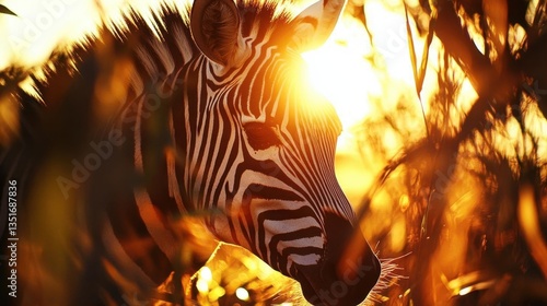 Zebra Portrait in Golden Sunset Light with Ethereal Glow through Tall Grass in Nature Scene