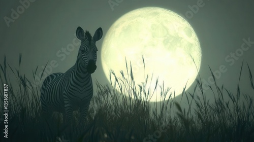 Zebra Silhouette Against Full Moon Rising Over Grassland Under Night Sky