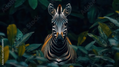 Zebra Surrounded by Lush Green Foliage in Dense Jungle Environment with Striking Stripes