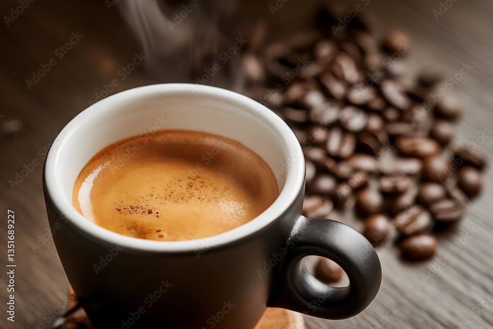 A Perfectly Brewed Espresso in a Black Cup with Coffee Beans A Perfectly Brewed Espresso in a Black Cup with Coffee Beans