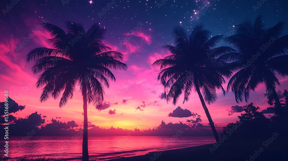 Stunning night view of palm trees with a glowing sunset backdrop Stunning night view of palm trees with a glowing sunset backdrop