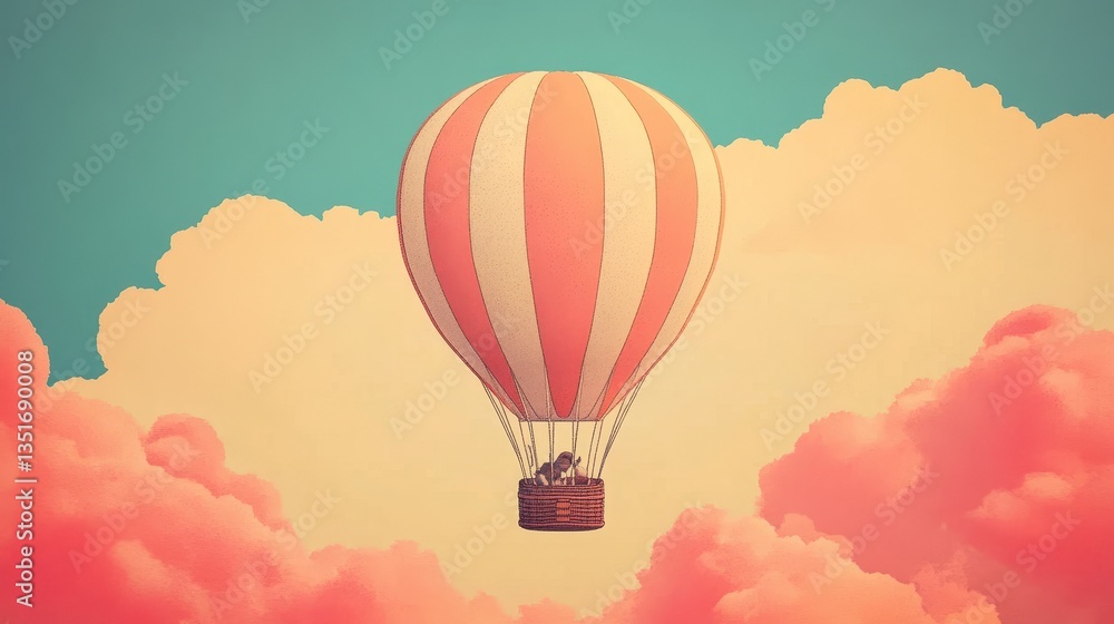 Fototapeta premium A colorful hot air balloon floats among dreamy pastel clouds