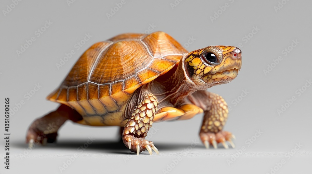 Fototapeta premium Tortoise on the Move: A captivating image of a tortoise captured in mid-stride, with detailed textures and a warm, earthy color palette against a serene background.
