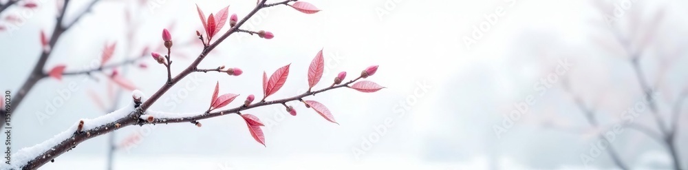 Branch with bare winter tree leaves on white background, cold weather, frosty trees, minimalist winter Branch with bare winter tree leaves on white background, cold weather, frosty trees, minimalist winter