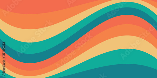 Full color retro groovy illustration background. Abstract multicolor wavy vector wallpaper design. Colors: Yellow, orange and blue.