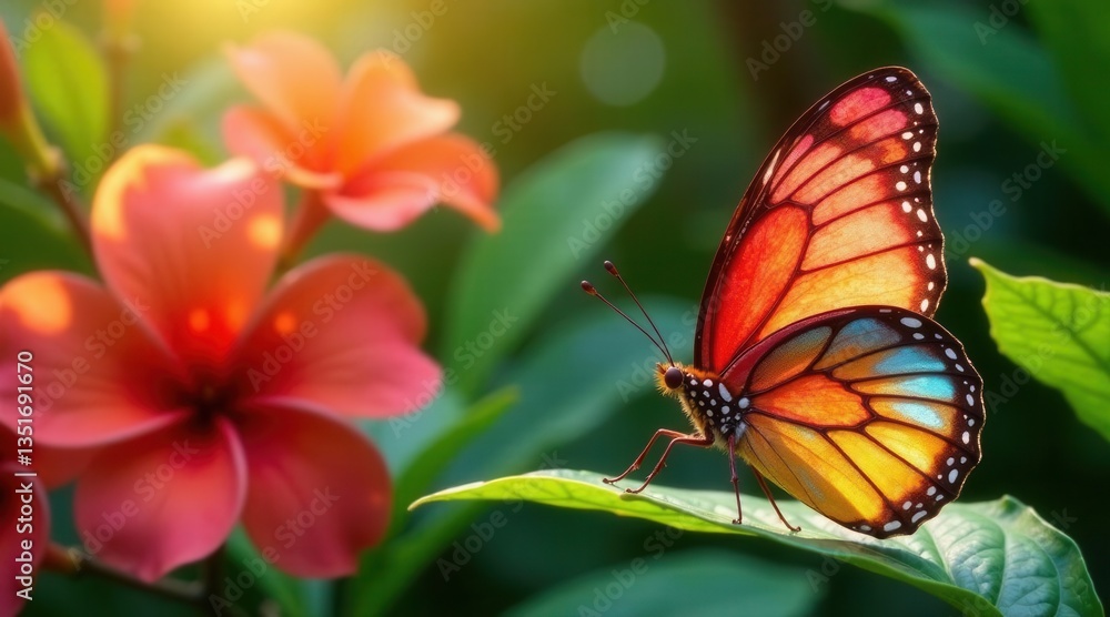 Fototapeta premium A vibrant butterfly with radiant orange and blue wings rests gracefully on a lush green leaf, bathed in the warm glow of sunlight, near delicate red flowers in a tranquil garden setting.