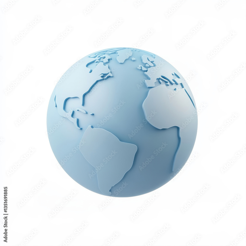 Fototapeta premium 3D illustration of Earth in soft blue tones, showcasing continents with minimal detail against a white background, evoking simplicity and global themes