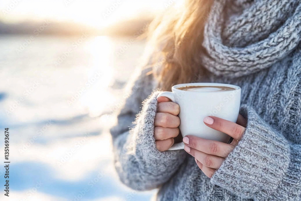 Woman enjoys warm coffee in cozy sweater during a serene morning in a snowy landscape Woman enjoys warm coffee in cozy sweater during a serene morning in a snowy landscape