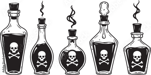 Poison Bottles, Ideal for Spooky and Halloween Themes - Flat Vector Illustration