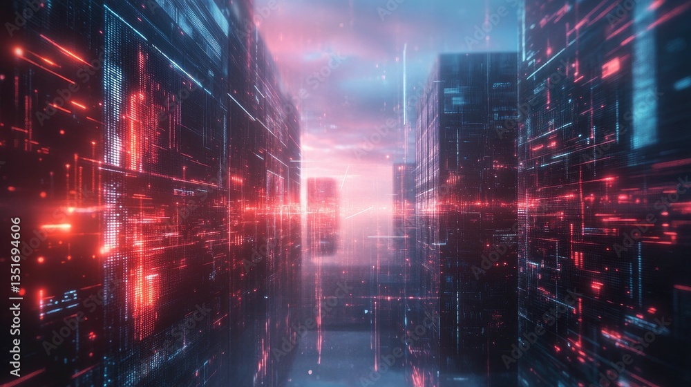 Fototapeta premium Abstract digital city, glowing lines, red and blue hues.