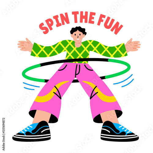 Flat sticker of a character having spin fun with hula hoop