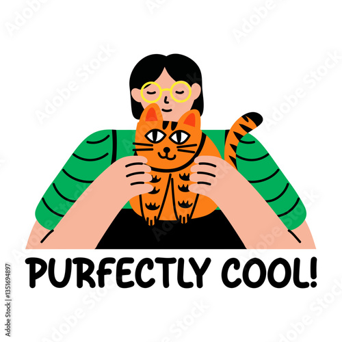 A flat style typographic sticker of a cool cat lover character 