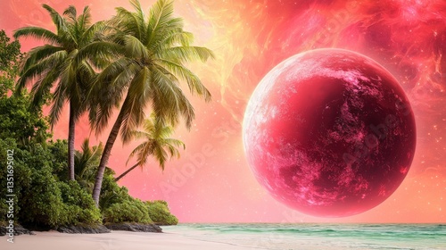Red Planet Paradise: Witness the surreal fusion of terrestrial paradise and cosmic wonder, a fantasy landscape where palm trees sway beneath the vibrant glow of a celestial body.