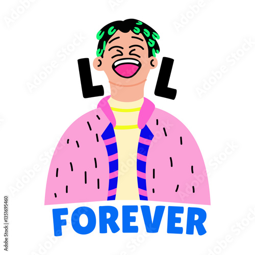 A giggling character with lol forever typography, flat style sticker 